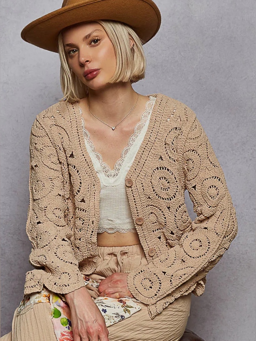 POL Button Down V-Neck Crochet Cardigan One Size
